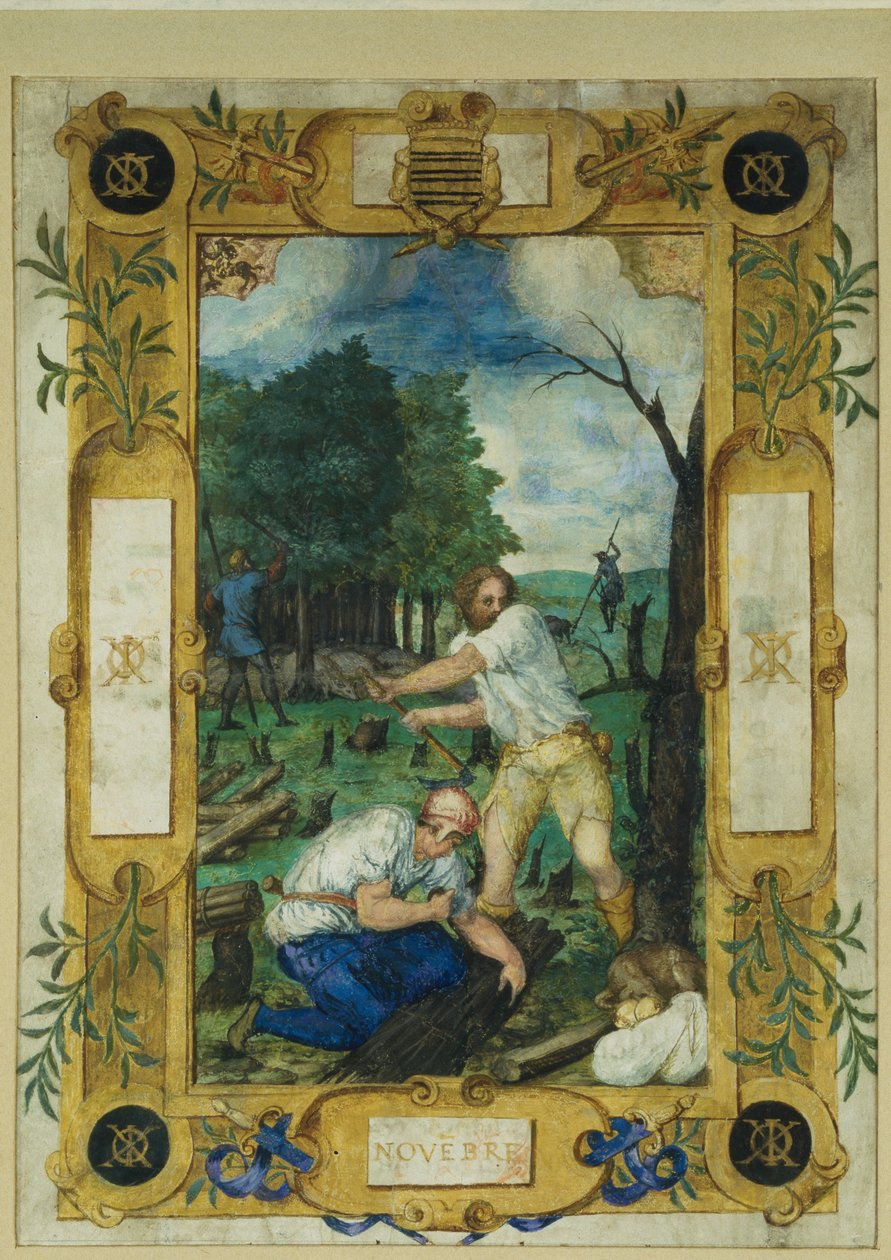 Kalenterilehti marraskuulle, puiden kaataminen, tuntikirja, n.1550-60 tekijältä Maitre des Heures de Claude Gouffier