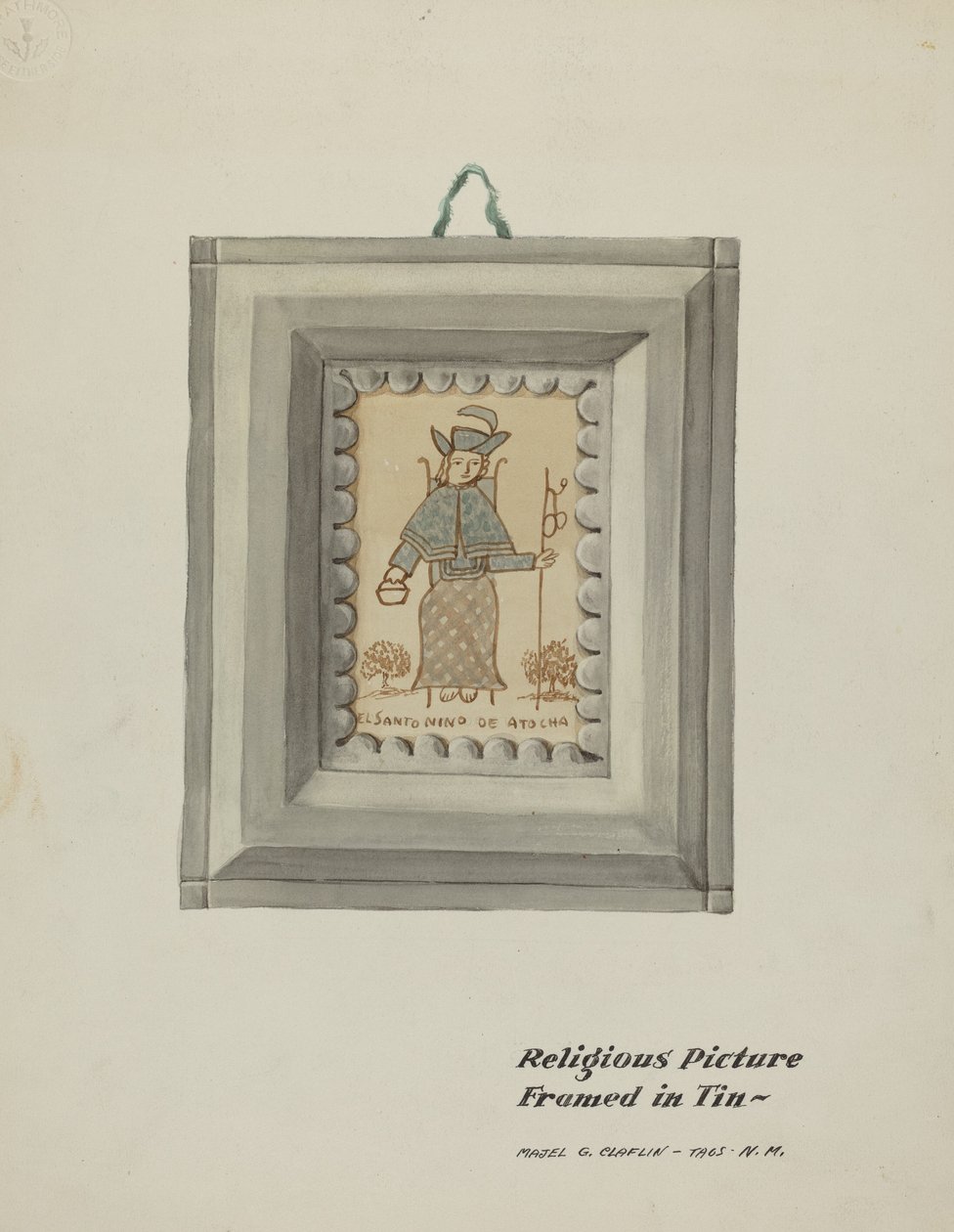 Käsin piirretty Santo Nino de Atocha - Käsintehty peltikehys, n. 1937. tekijältä Majel G. Claflin