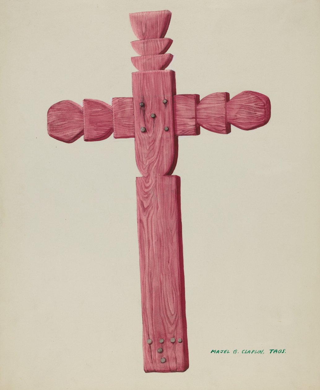 Hautakivenä käytetty punainen puinen risti, n. 1937. tekijältä Majel G. Claflin
