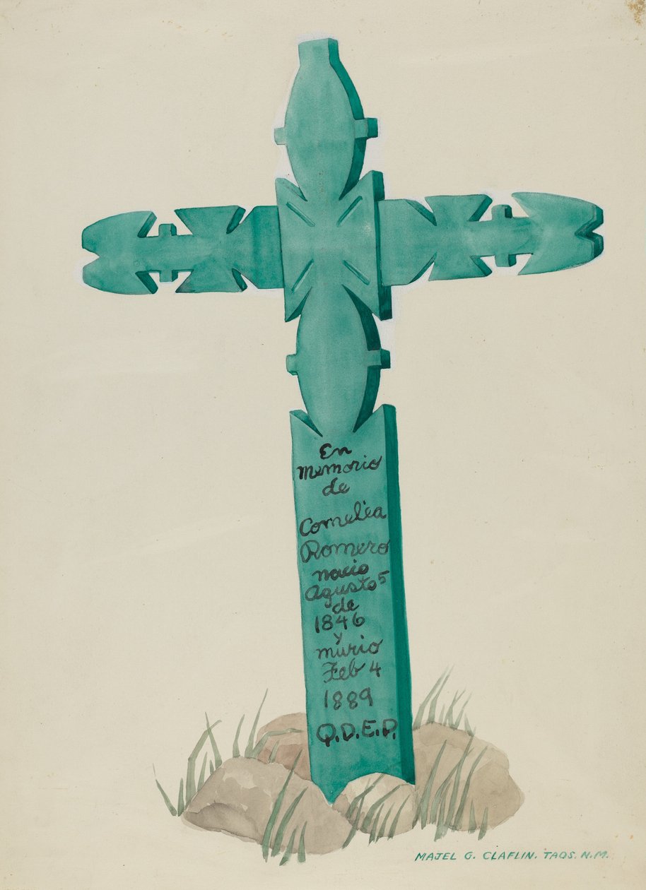 Puinen risti, veistetty, käytetty hautakivenä, n. 1937. tekijältä Majel G. Claflin