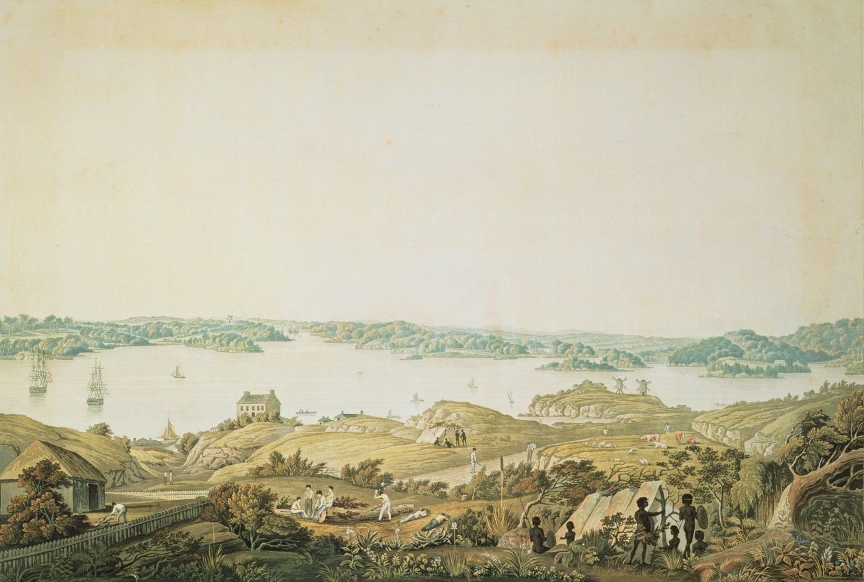 Osa Port Jacksonin satamaa ja Sydneyn ja Blue Mountainsin välistä maata, New South Wales, oikea osa panoraamanäkymästä, n. 1821 (akvatinta) tekijältä Major James Taylor