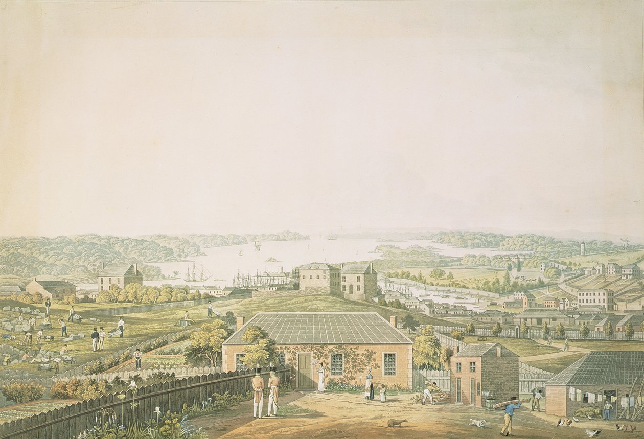 Port Jacksonin sisäänkäynti ja osa Sydneyn kaupunkia Uudessa Etelä-Walesissa, panoraamanäkymän vasen osa, n. 1821 (akvatinta) tekijältä Major James Taylor
