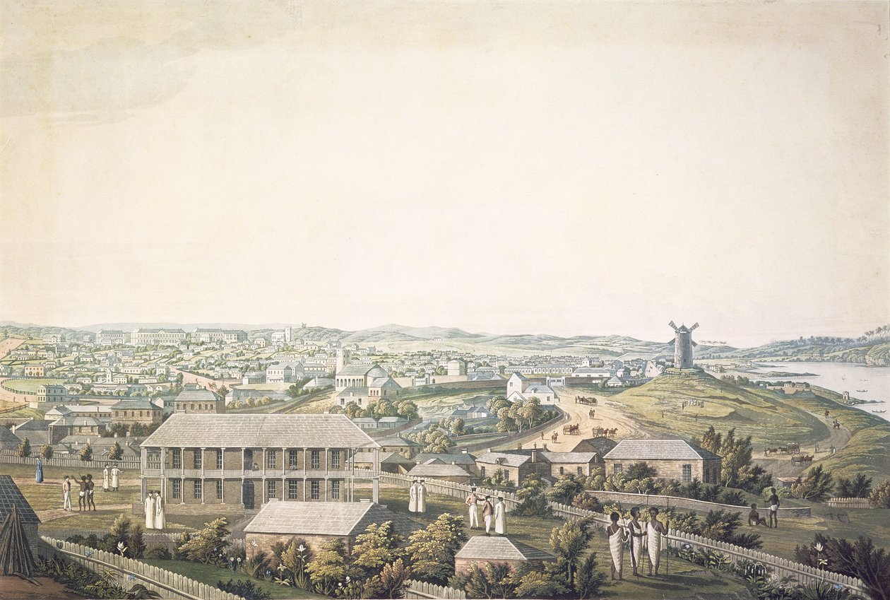 Sydneyn kaupunki Uudessa Etelä-Walesissa, panoraamanäkymän keskiosa, n. 1821 (akvatinta) tekijältä Major James Taylor