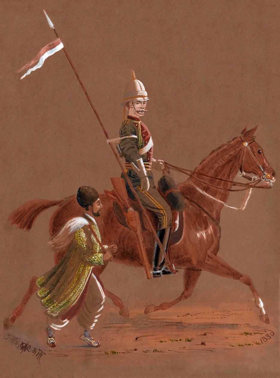 9th Lancersin sotilas ratsastaa, afganistanilainen sotilas juoksee hevosensa vieressä tekijältä Major General R.G. Woodthorpe
