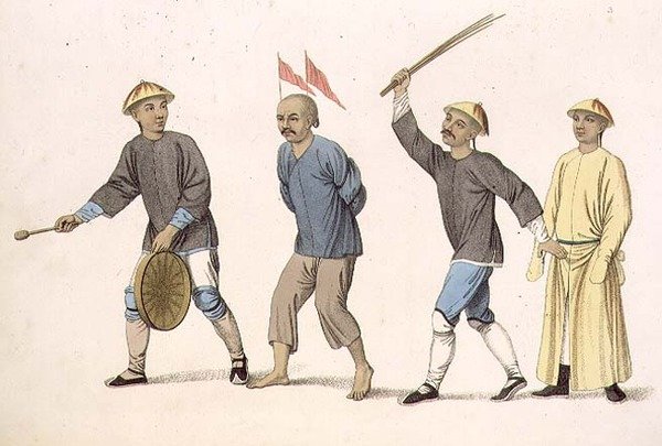 Syyllinen oikeudenkäyntiin, levy 3 teoksesta "The Punishments of China", kaiverrettu J. Dadley tekijältä Major George Henry Mason