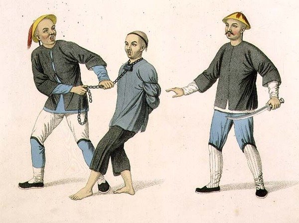 Syyllinen kuljetettu vankilaan, levy 2 teoksesta "The Punishments of China", kaiverrettu J. Dadley tekijältä Major George Henry Mason