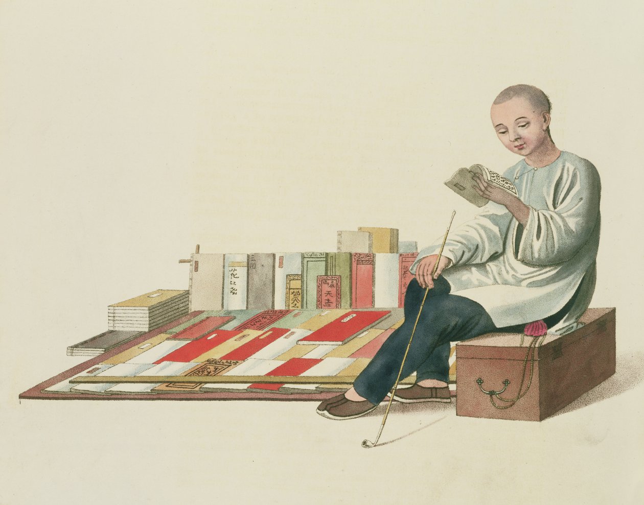 Kirjakauppias, levy 6 teoksesta "The Costume of China", kaiverrettu J. Dadley, 1800 tekijältä Major George Henry Mason