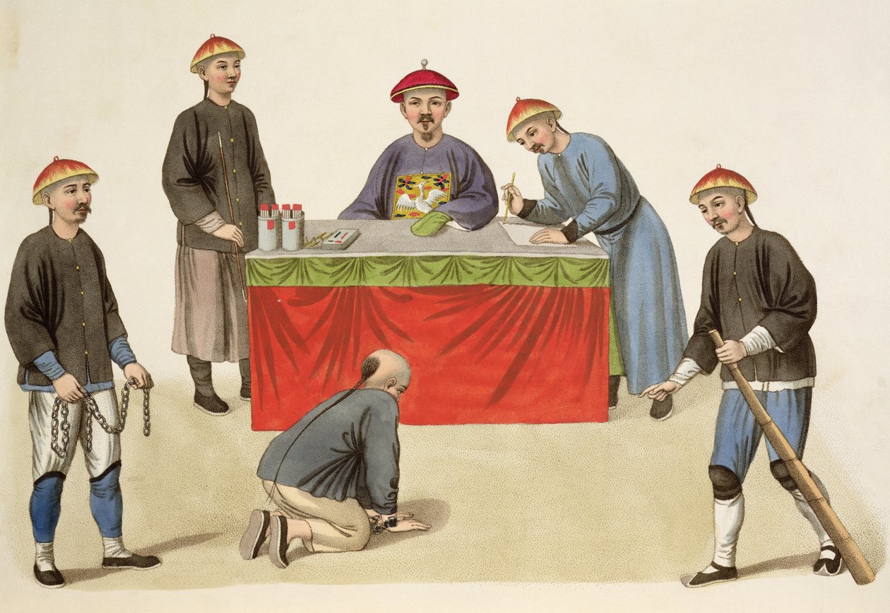 Syyllinen tuomarin edessä, levy 1 teoksesta "The Punishments of China", kaiverrettu J. Dadley, 1804 tekijältä Major George Henry Mason