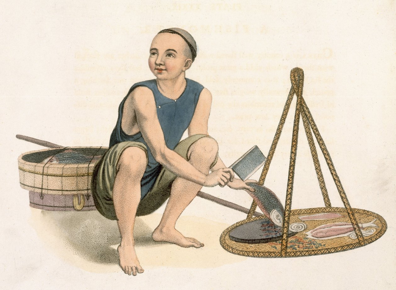 Kalakauppias, levy 39 teoksesta "The Costumes of China", kaiverrettu J. Dadley, 1800 tekijältä Major George Henry Mason
