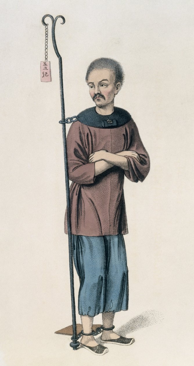 Pahantekijä ketjutettu rautatankoon, levy 12 teoksesta "The Punishments of China", kaiverrettu J. Dadley, 1804 tekijältä Major George Henry Mason
