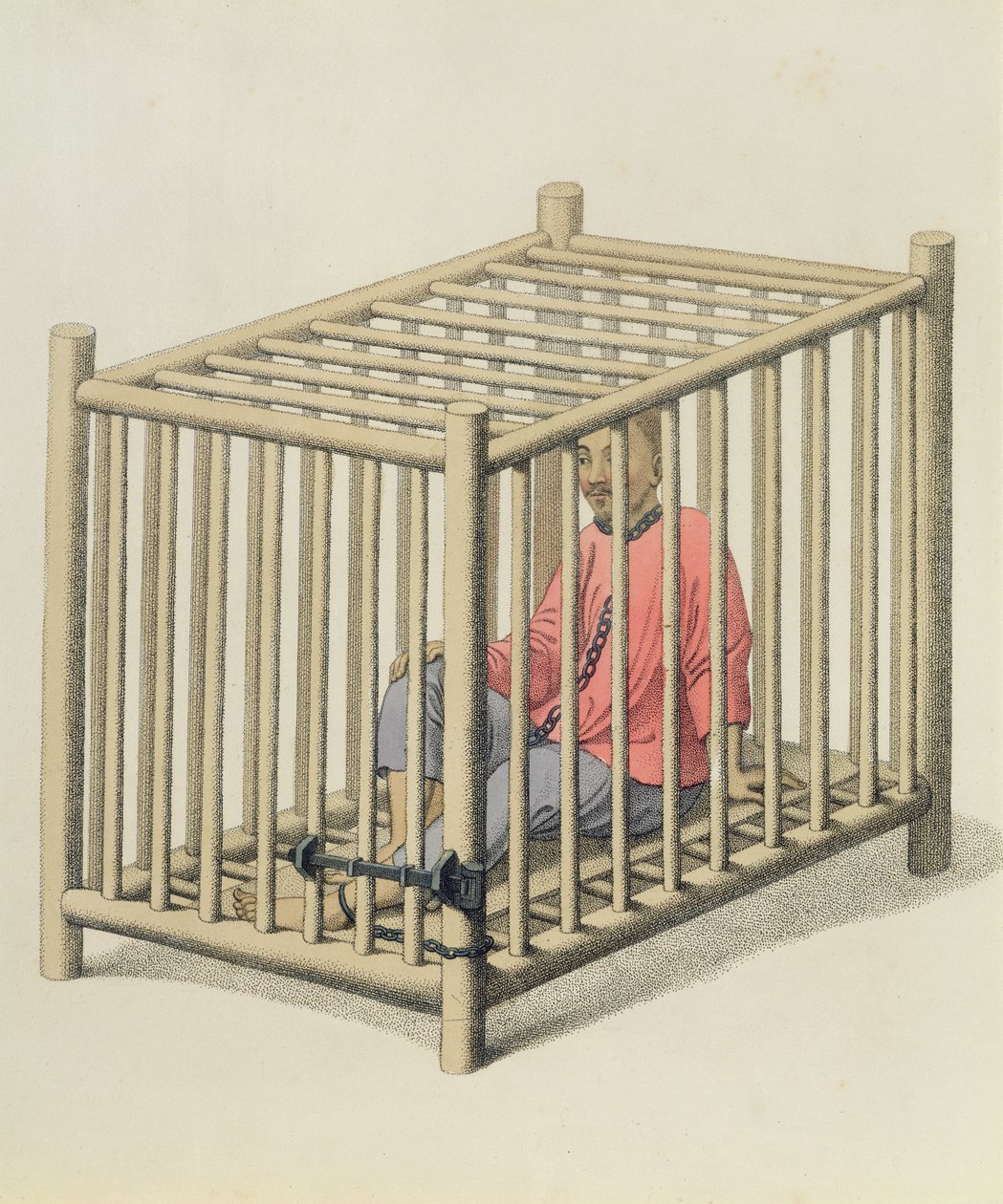 Pahantekijä häkissä, levy 15 teoksesta "The Punishments of China", kaiverrus J. Dadley, 1804 tekijältä Major George Henry Mason