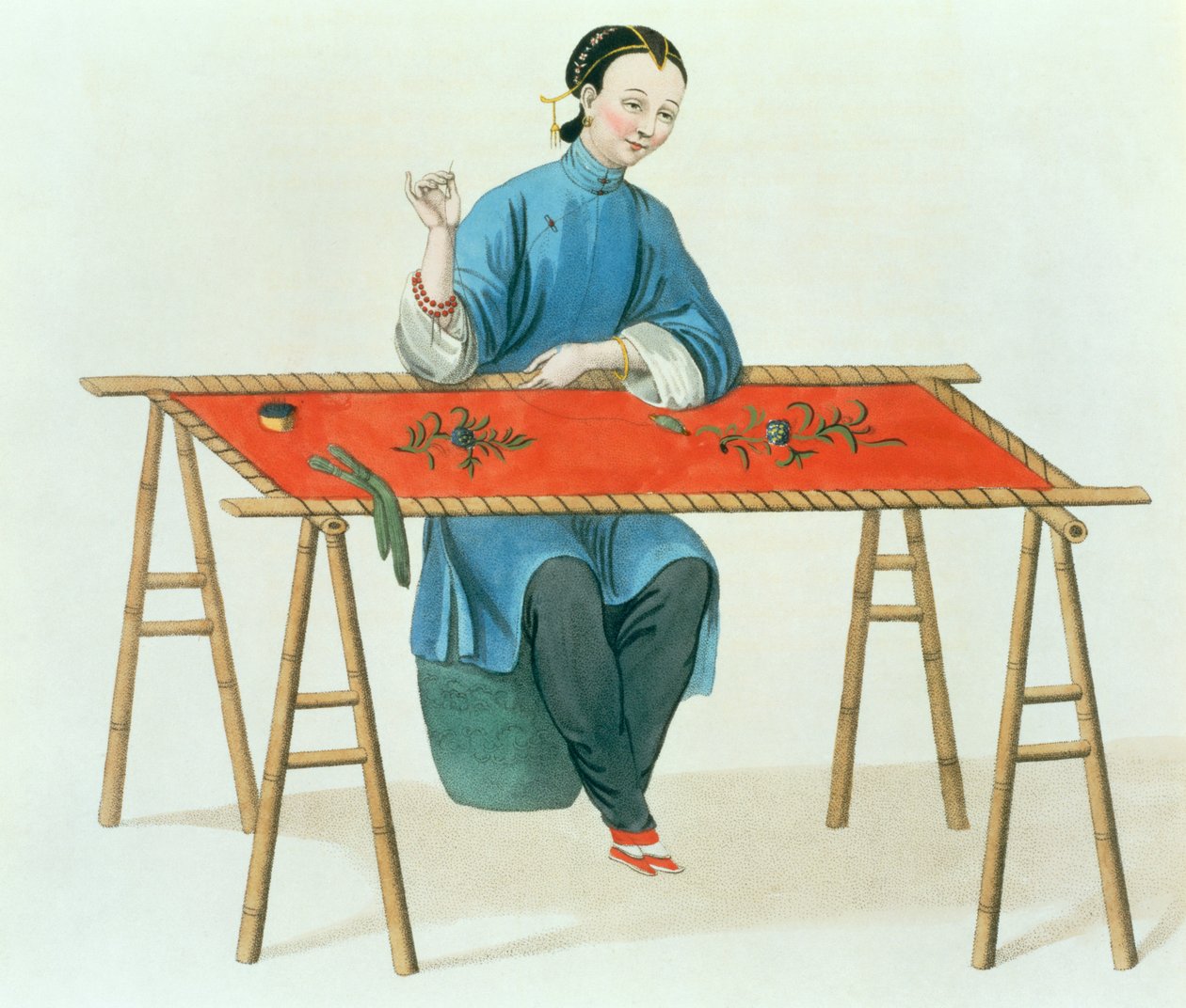 Nainen kirjonta, levy 41 teoksesta "The Costume of China", kaiverrus J. Dadley, 1800 tekijältä Major George Henry Mason