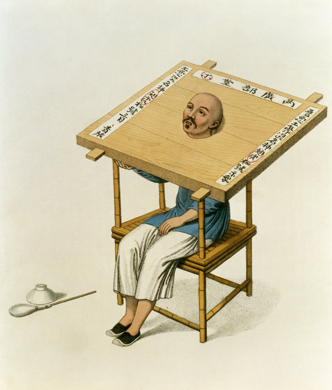 The Punishment of the Wooden Collar, levy 13 teoksesta "The Punishments of China", kaiverrettu J. Dadley, 1804 tekijältä Major George Henry Mason