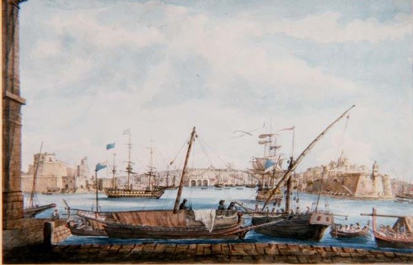 Näkymä Gallien satamaan Valettan puolelta, noin 1800 (lyijykynä ja akvarelli). tekijältä Major James of Tolcross Weir