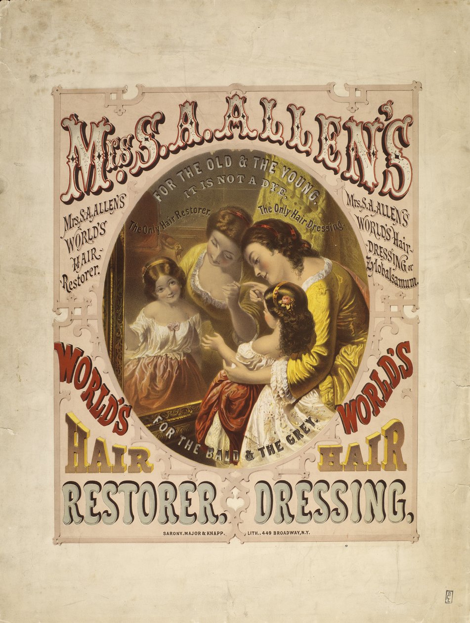 Rouva S. A. Allenin maailman hiusten palauttaja, hiustenhoito, 1865 (litografia) tekijältä Major and Knapp Sarony