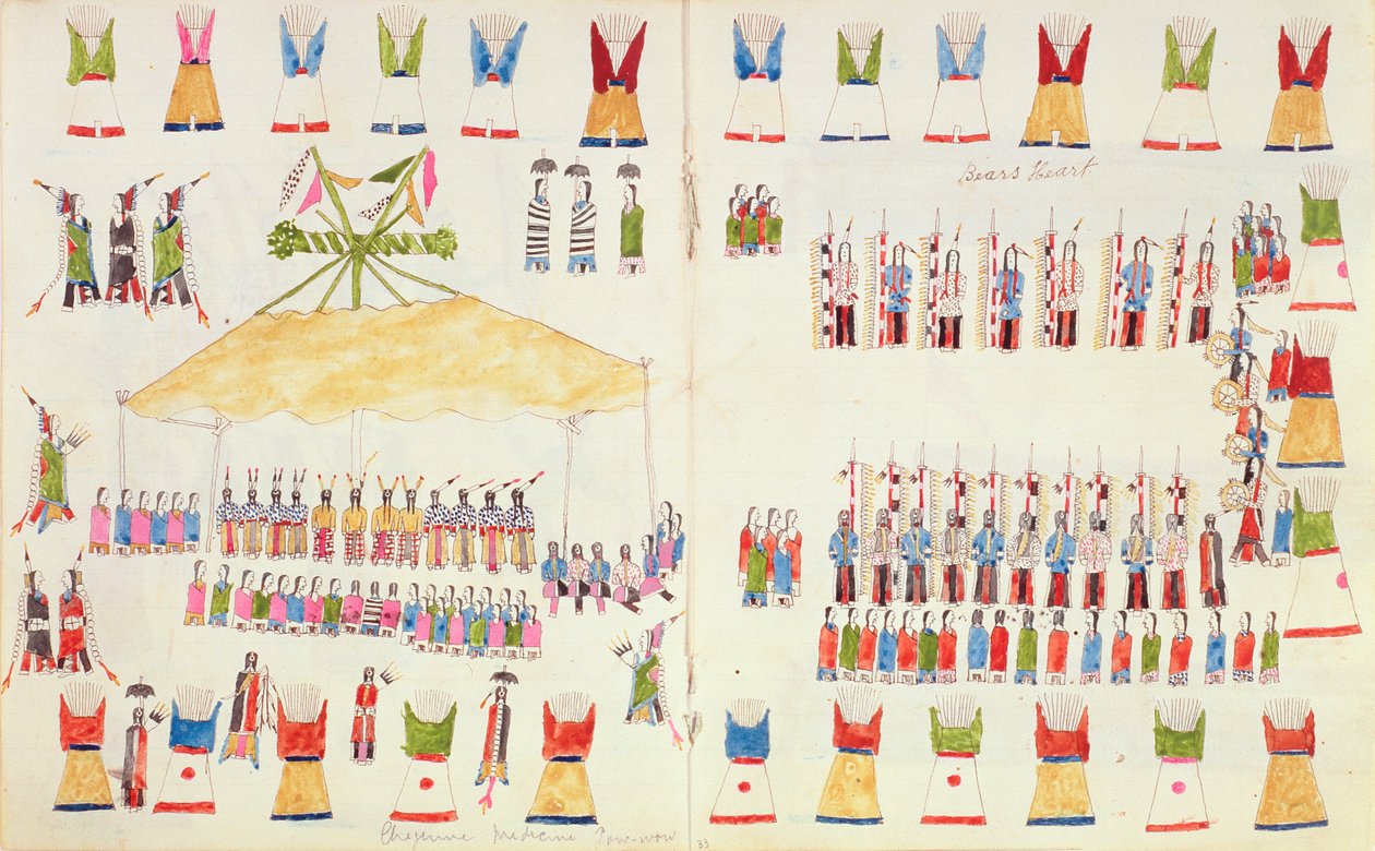Karhun sydän. Cheyenne Medicine pow-wow, luonnoskirjasta, joka on tehty Fort Marionissa, St Augustine, Florida, 1877 tekijältä Making Medicine