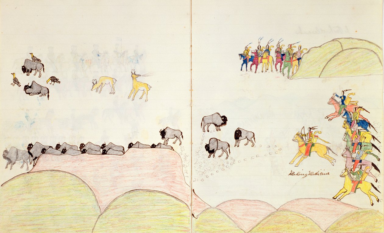 Native American Buffalo Hunt, luonnoskirjasta, joka on tehty Fort Marionissa, St Augustine, Florida, 1877 tekijältä Making Medicine