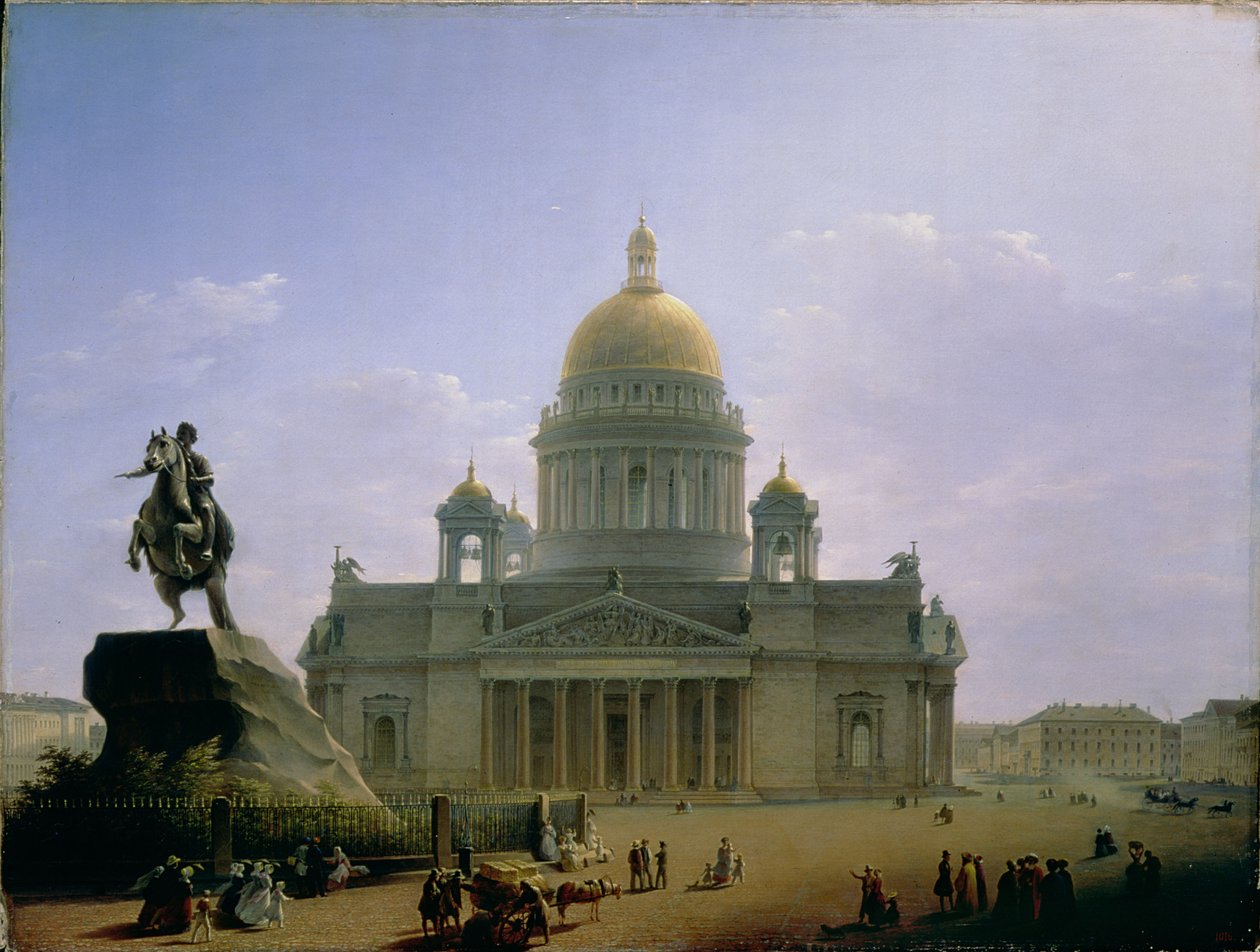 Pyhän Iisakin katedraali ja Pietari Suuren patsas, 1844 tekijältä Maksim Nikiforovich Vorobiev