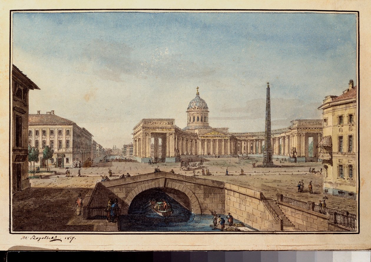 La cathedrale Kazan a Saint Petersburg (Kazanin katedraali Pietarissa) - Maksim Nikiphorovich Vorobjevin (Vorobiev) (1787-1855) työ, tussi ja akvarelli paperille tekijältä Maksim Nikiforovich Vorobiev