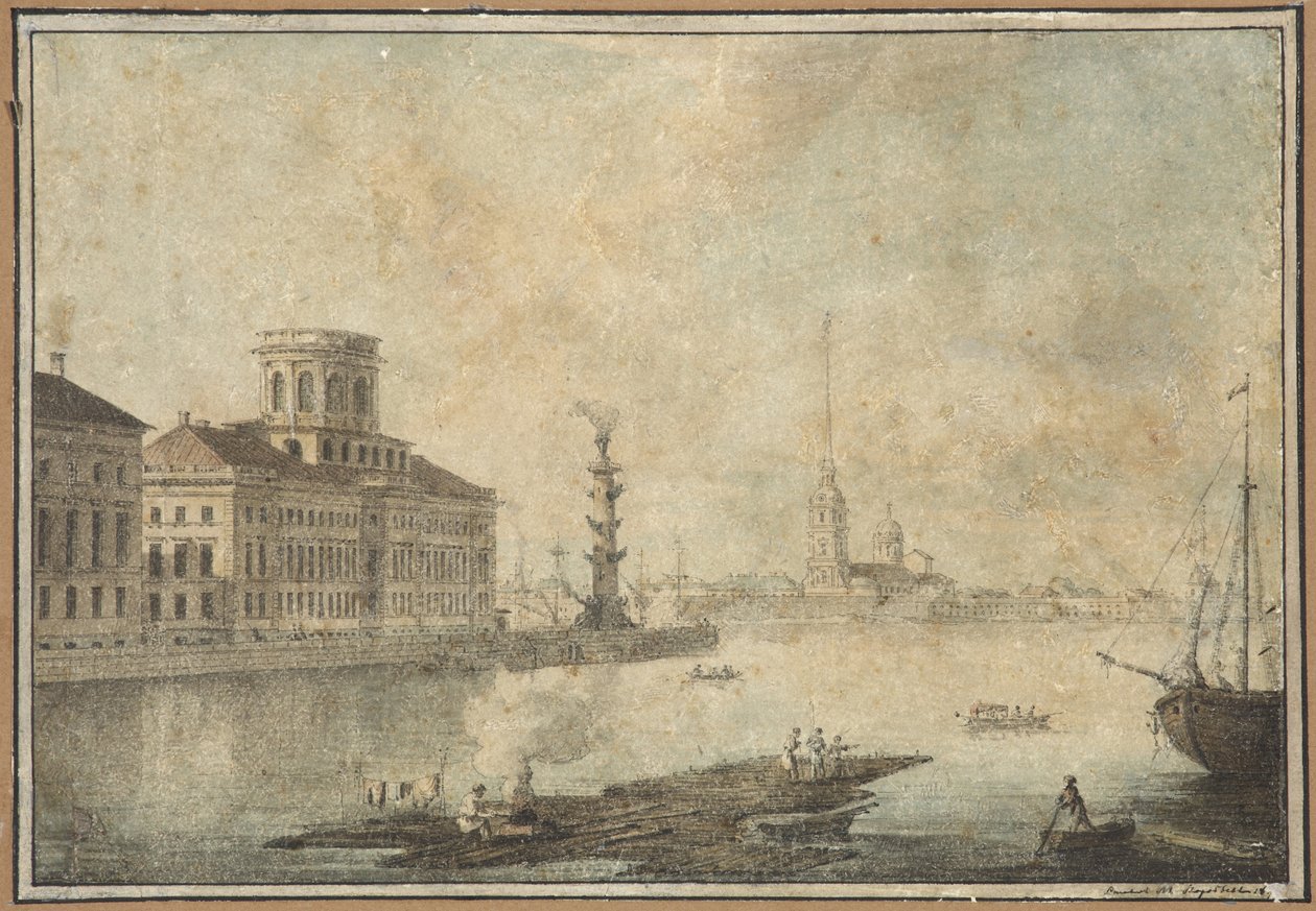 Näkymä Nevalle ja tiedeakatemialle - Maxim Nikiphorovich Vorobyev (1787-1855). Kynä, sivellin, akvarelli, muste paperille, 1820-luvun loppu-1830-luvun alku. Pietarin valtion historian museo tekijältä Maksim Nikiforovich Vorobiev