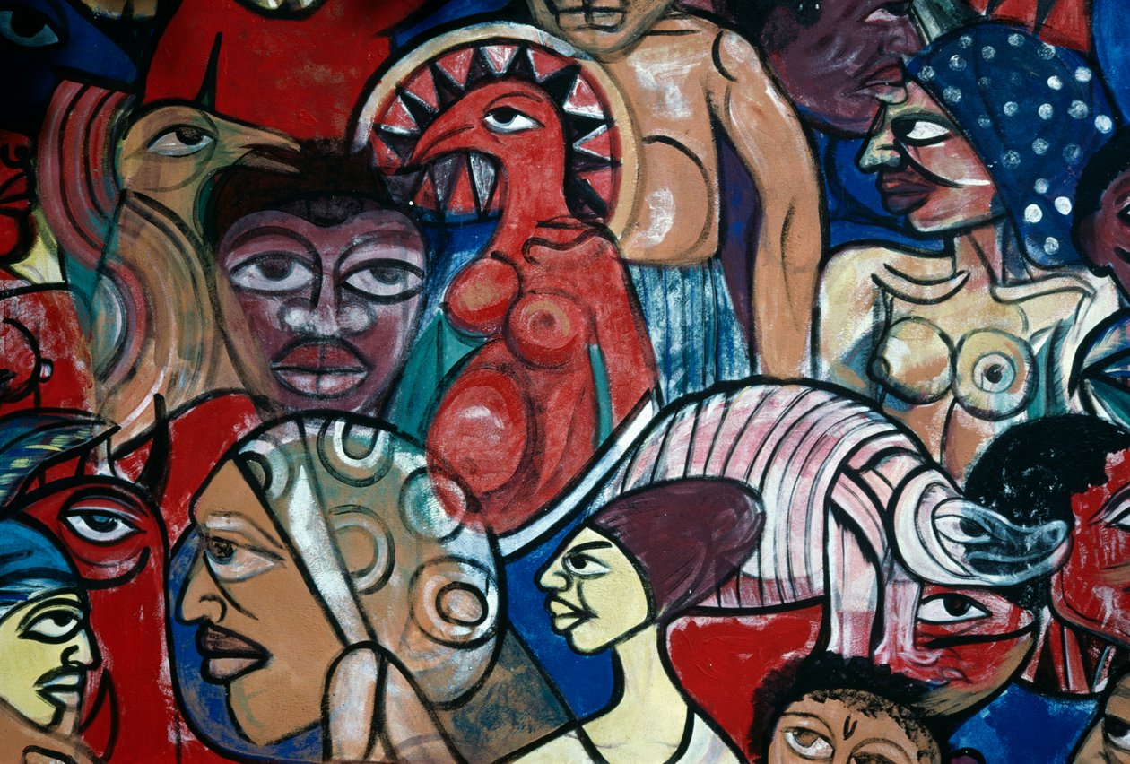 Kasvot, seinämaalaus luonnonhistoriallisen museon puutarhassa Maputossa, tekijä Malangatana Valente Ngwenya (1936-2011), Mosambik, 20. vuosisata tekijältä Malangatana Valente Ngwenya