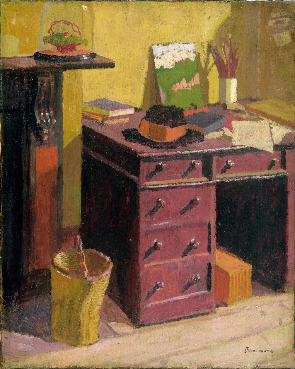 Taiteilijan työpöytä, n. 1915 (öljy kankaalle aluksella) tekijältä Malcolm Drummond