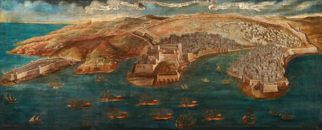 Näkymä Ricasolin linnakkeelle, St Angelon linnalle, LIsolalle ja Cotonera Linesille Vallettasta, 1679 tekijältä Maltese School