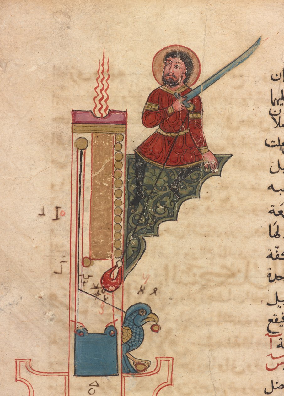 Kynttiläkello, folio Kitab fi ma`arifat al-hiyal al-handisaya (Nerokkaiden mekaanisten laitteiden tiedon kirja) Automaatti, kirjoittanut al-Jazari (k. 1206) (muste, läpinäkymätön akvarelli ja kulta paperille) tekijältä Mamluk Sultanate school