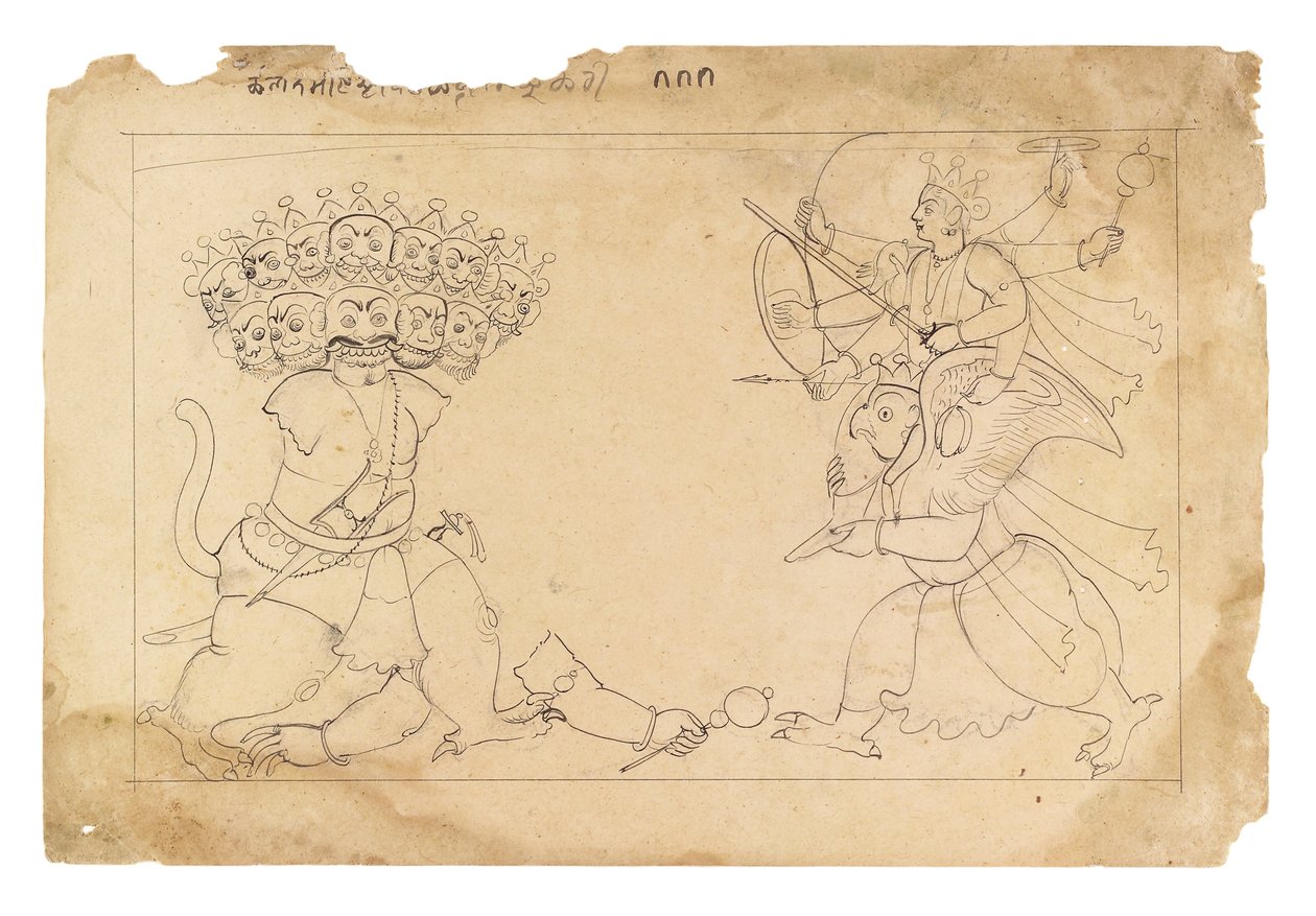 The Dismembering of the Demon Kalanemi, Bhagavata Purana, n. 1740 (läpinäkymätön wc paperilla) tekijältä Manaku