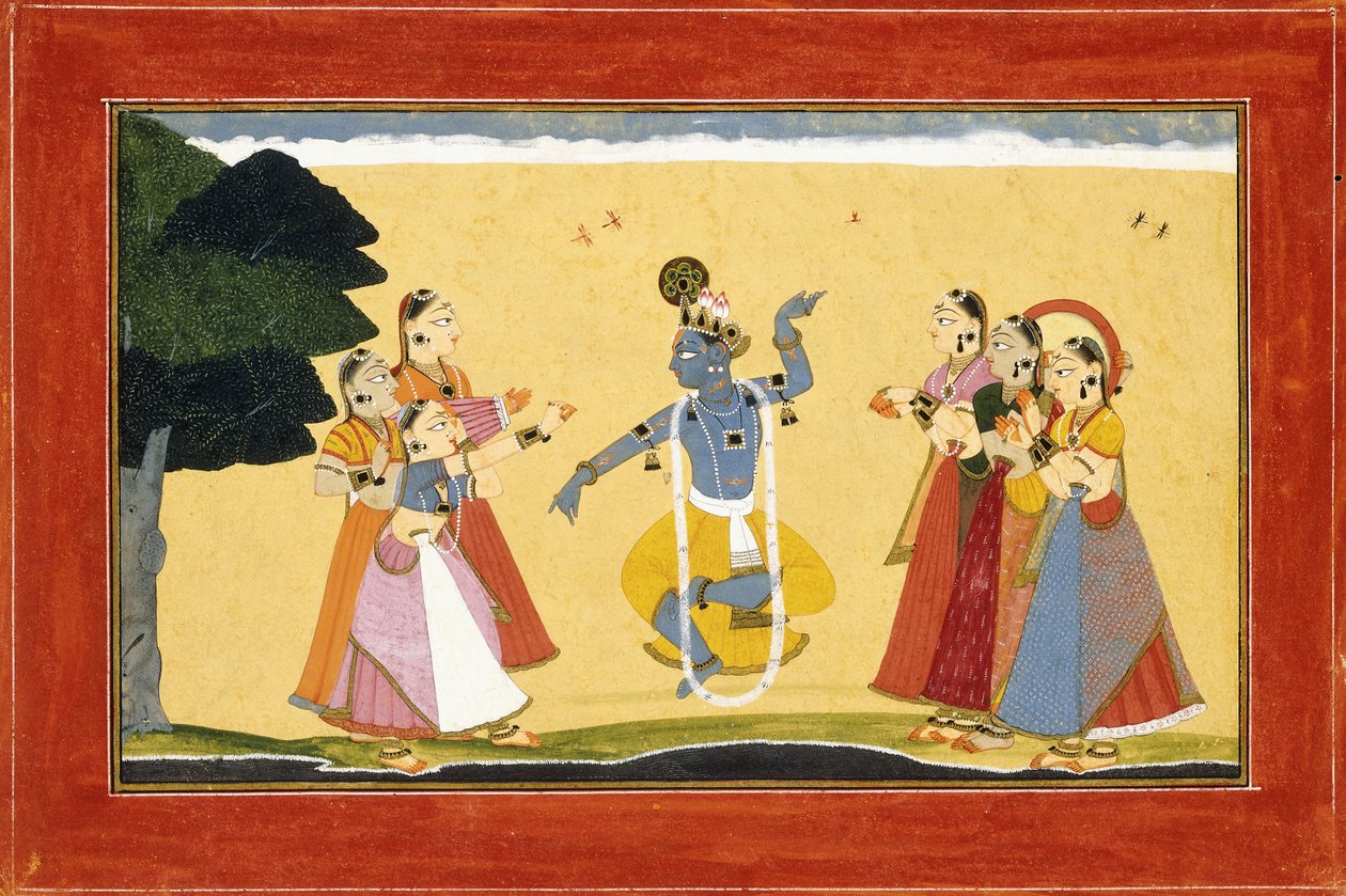 Krishna tanssii lehmätyttöjen edessä, kun he taputtavat käsiään, n. 1730-1735 tekijältä Manaku