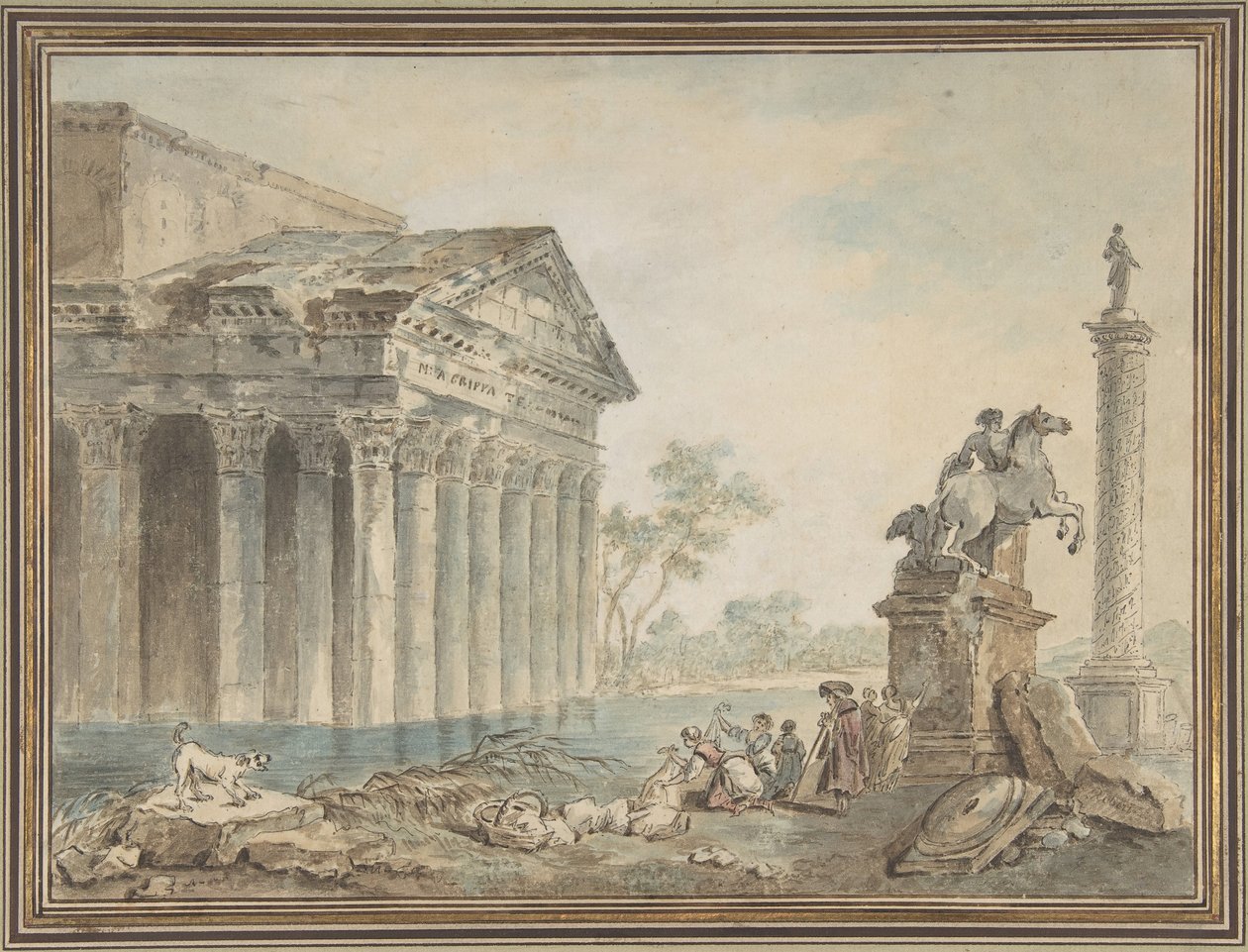Arkkitehtoninen Capriccio, jossa on roomalaisia monumentteja ja pesunaisia, n.d. tekijältä Manner of Hubert Robert