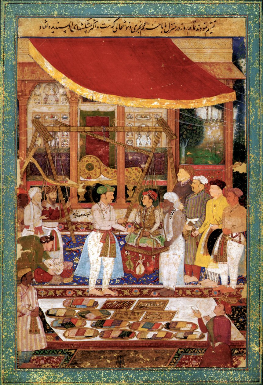 Keisari Jahangir punnitsee prinssi Khurramia kullalla, n. 1610-1615 (pienoiskuva). tekijältä Manohar Manohar