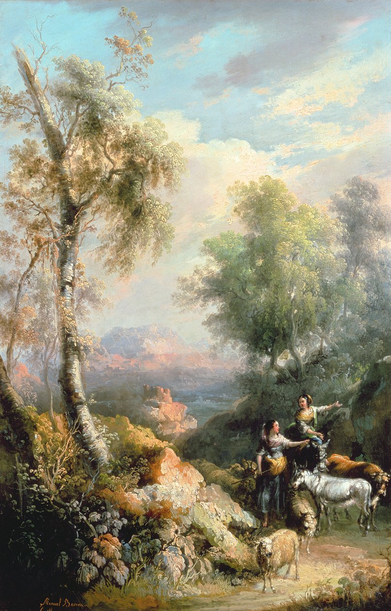 Vuohipaimenet vuoristoisessa espanjalaisessa maisemassa, 1800-luku tekijältä Manuel Barron y Carrillo
