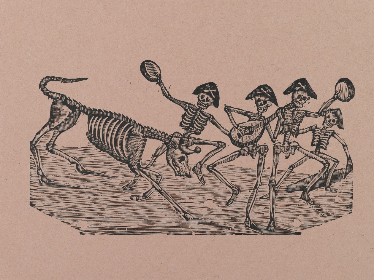 Skeleton Bull Fighters, 330 Grabados Originalesista, painaja Antonio Vanegas Arroyo (1850-1917), Mexico City, Mexico (reliefikaiverrus) tekijältä Manuel Manilla
