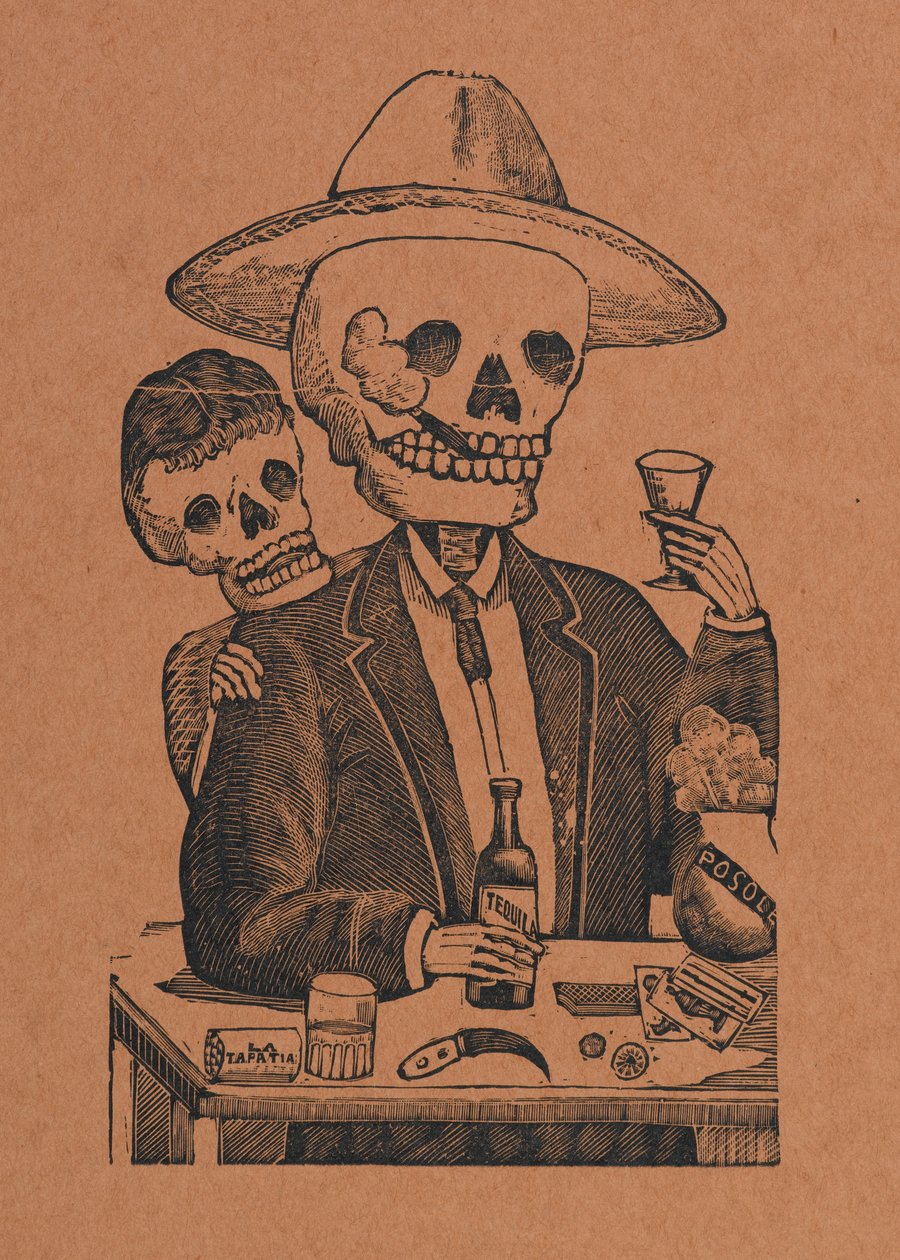 Luurankohahmo baarissa, 330 Grabados Originalesista, painanut Antonio Vanegas Arroyo (1850-1917), Mexico City, Meksiko (reliefikaiverrus) tekijältä Manuel Manilla