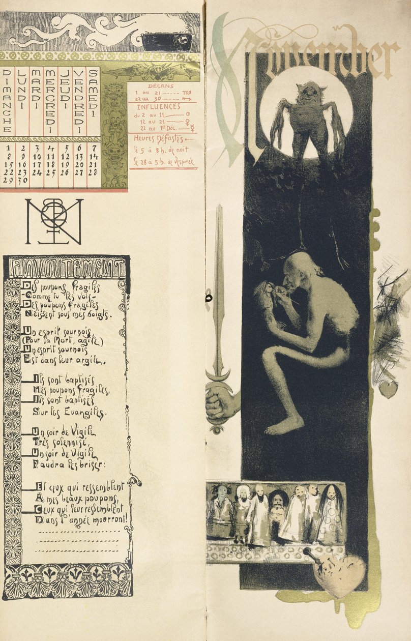 Black Magic, marraskuun kuukausi taikakalenterille, joka julkaistiin Art Nouveau -katsauksessa, 1896 tekijältä Manuel Orazi