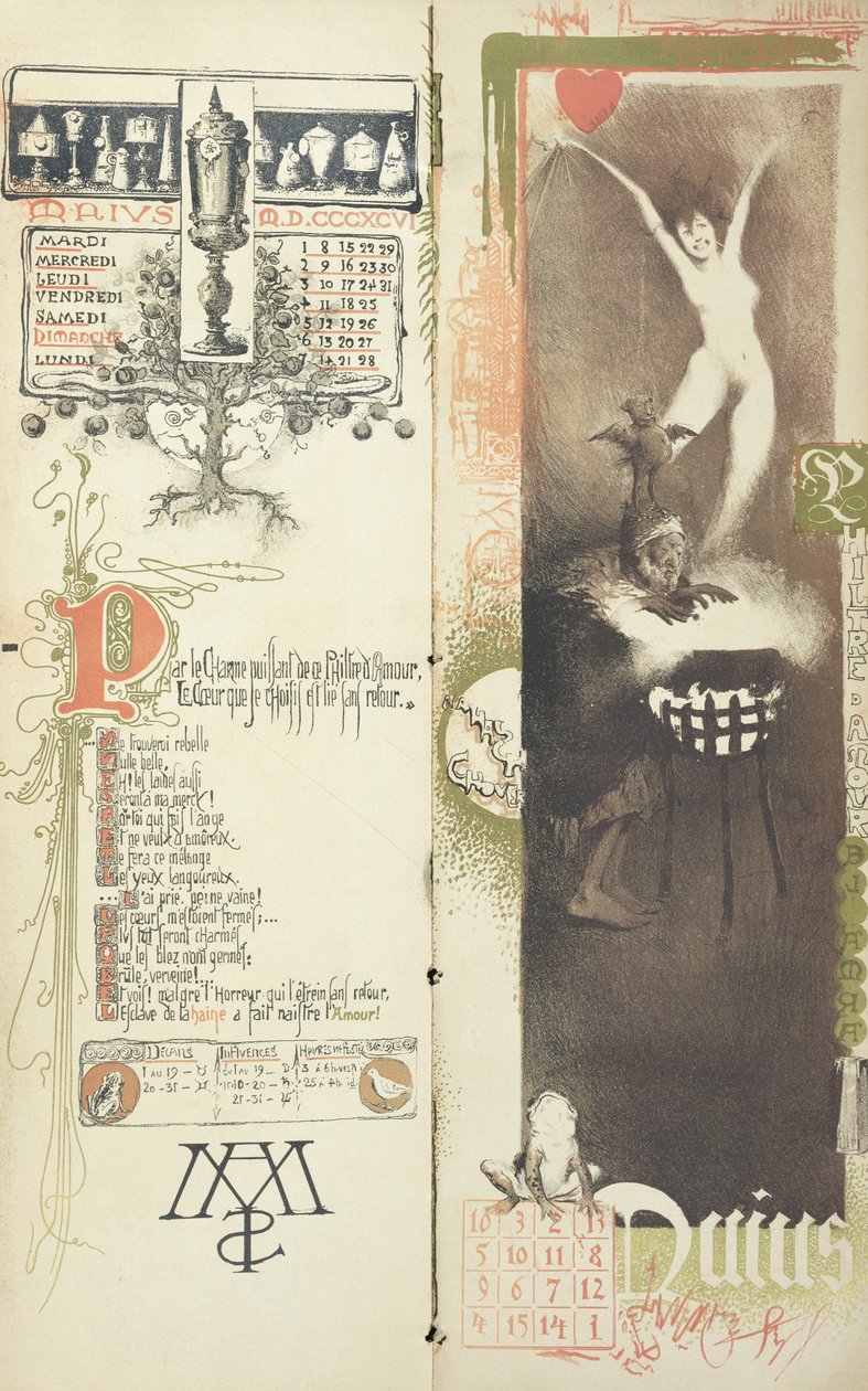 The Love Potion, toukokuu taikakalenterille, joka julkaistiin Art Nouveau -katsauksessa, 1896 tekijältä Manuel Orazi