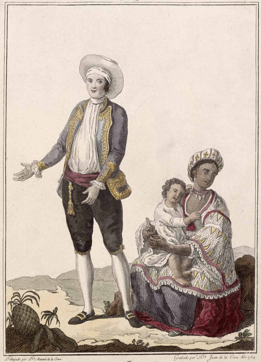 Espanjalainen ja hänen intialainen vaimonsa, kaiverrus Juan de la Cruz, 1784 värillinen kaiverrus tekijältä Manuel de la Cruz y Cano
