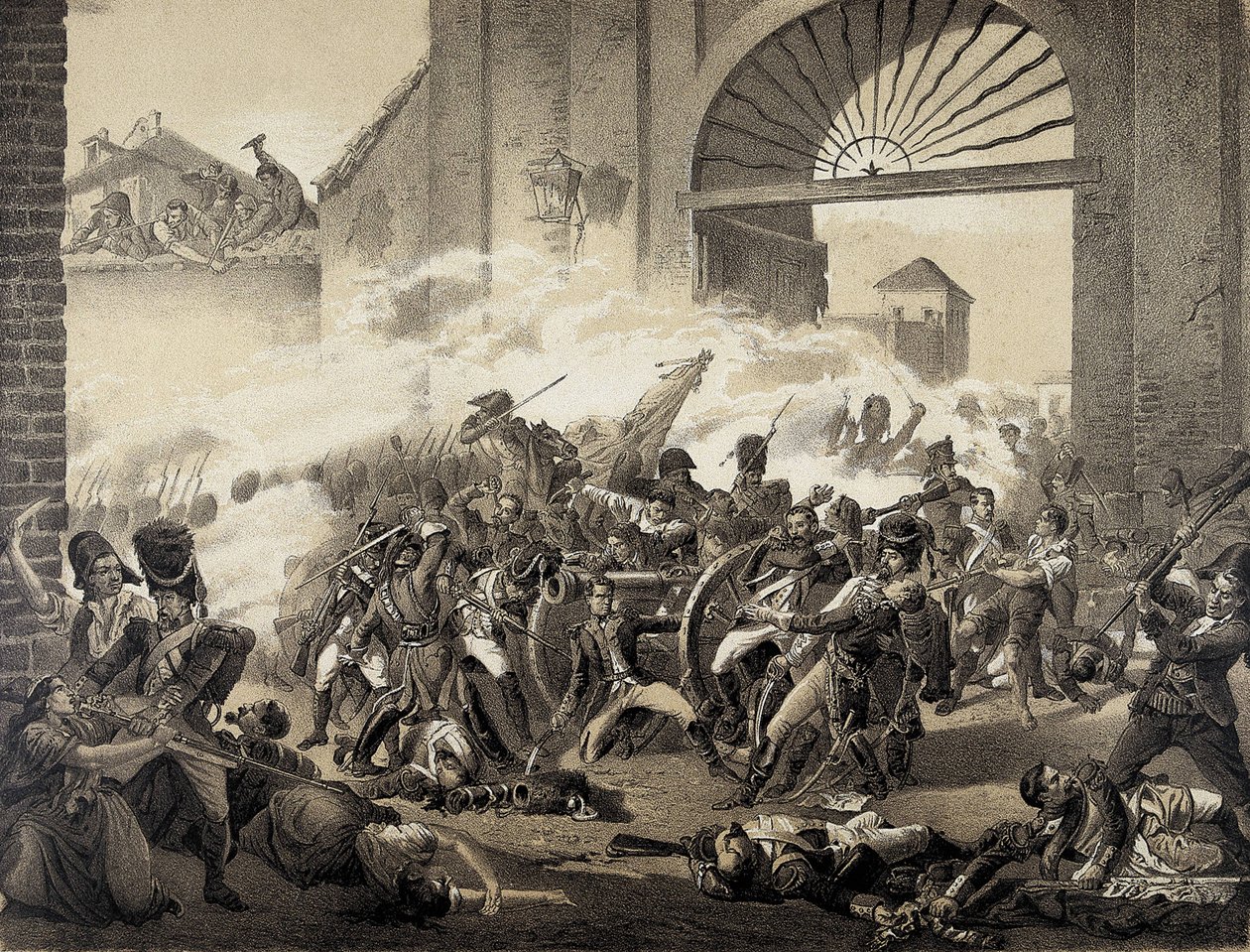 Espana. Guerra de Independecia (1808). Toukokuun toinen päivä Madridissa. Luis Daoizin kuolema Monteleonin puistoa puolustaessaan. Kaiverrus Manuel Castellanon maalauksen mukaan. Litografia. tekijältä Manuel (after) Castellano