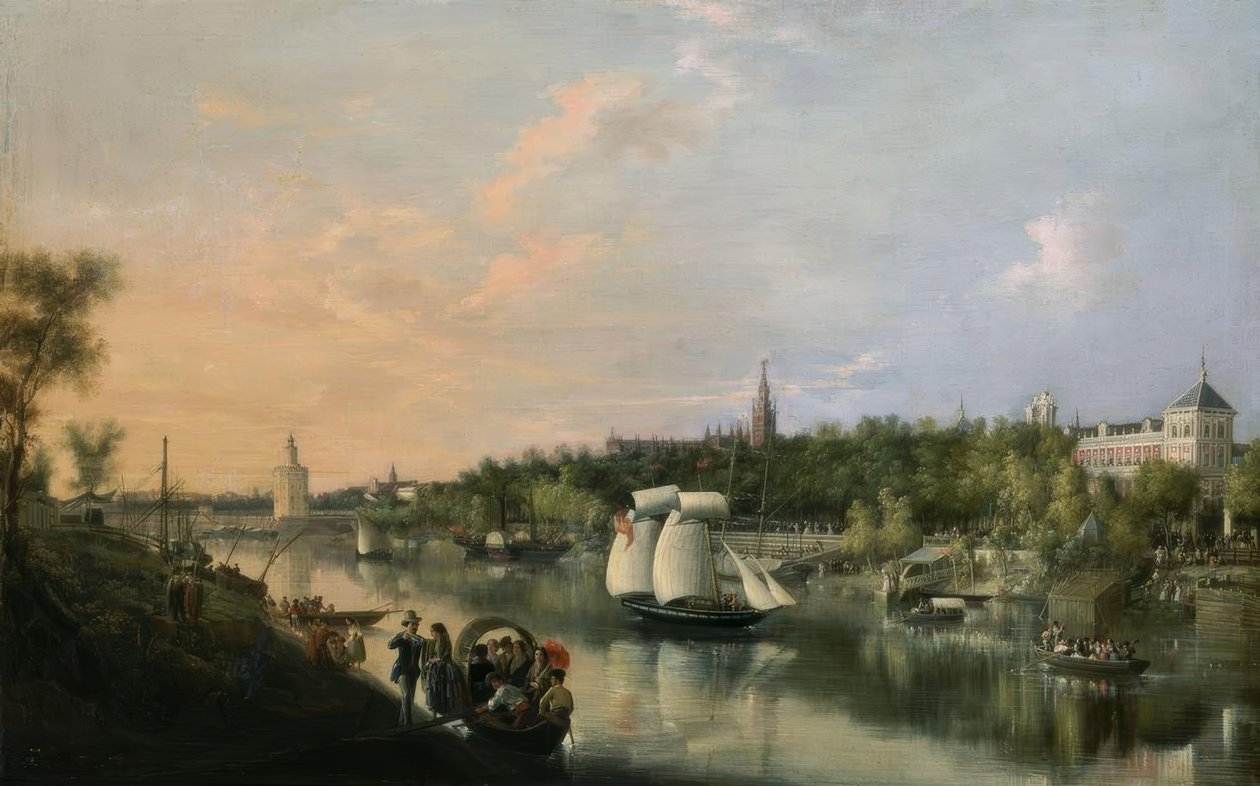 EL GUADALQUIVIR A SU PASO POR SEVILLA–1851–OELO / LIENZO 86,5X135,4CM tekijältä Manuel Barron y Carrillo