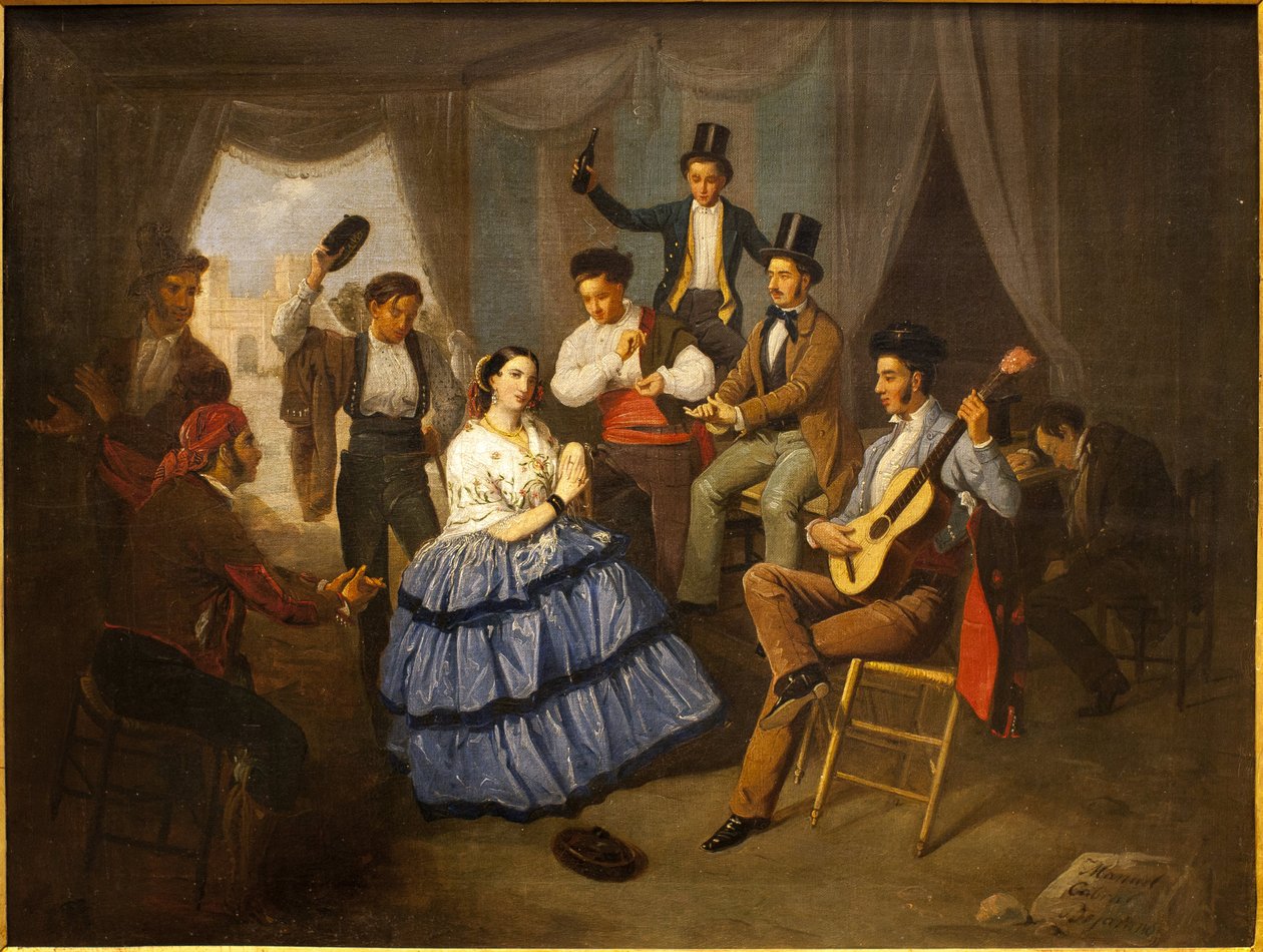 Tanssija karnevaalitalossa. Manuel Cabral Bejaranon (1827-1891) maalaus öljy kankaalle tekijältä Manuel Cabral y Aguado Bejarano