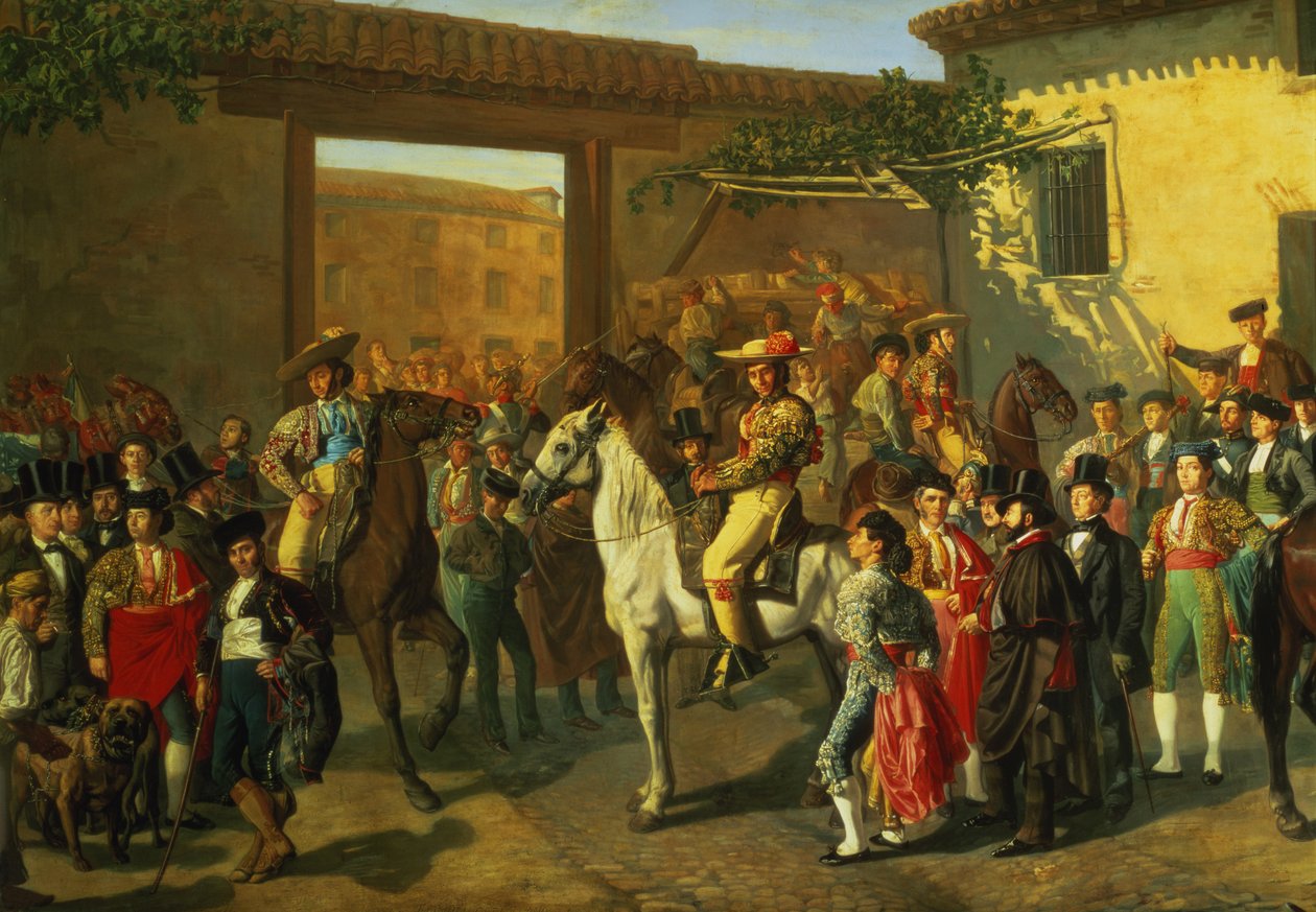 Hevoset pihalla härkätaisteluareenan vieressä ennen härkätaistelua, Madrid, 1853 (yksityiskohta) tekijältä Manuel Castellano