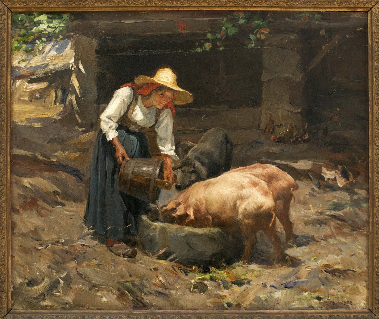 Sikojen ateria; Manuel Henrique Pinton (1853-1912) maalaus, öljy puulle tekijältä Manuel Henrique Pinto