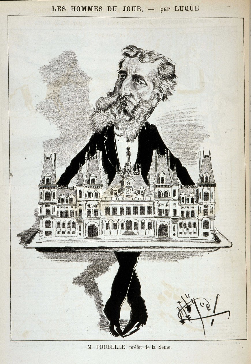 Seinen prefektin M. Poubellen sarjakuva, joka kantaa Pariisin kaupungintaloa tasangolla - Dess. Luque, elokuvassa "La Caricature", 13.8.1887¿ tekijältä Manuel Luque