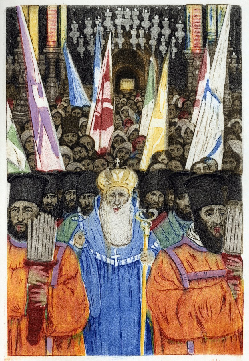 Juutalaisten ortodoksinen seremonia Jerusalemissa. Manuel Orazzin (1860-1934) kaiverrus teoksessa "" L
