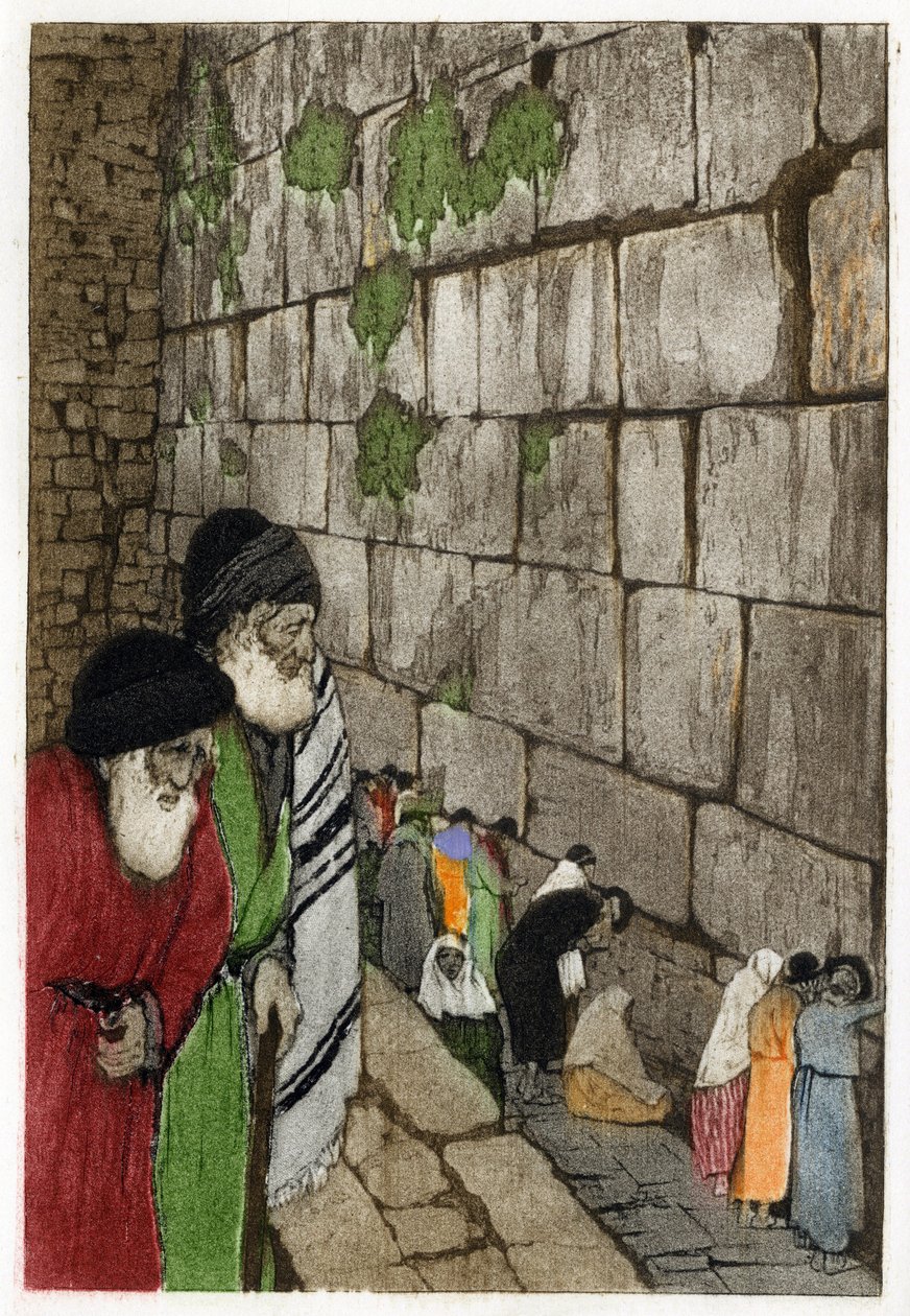 Juutalaiset Ittumuurin edessä, ainoan jäännöksen kuningas Salomon vuonna -950 rakentamasta Jerusalemin temppelistä. Manuel Orazzin (1860-1934) kaiverrus teoksessa "" L