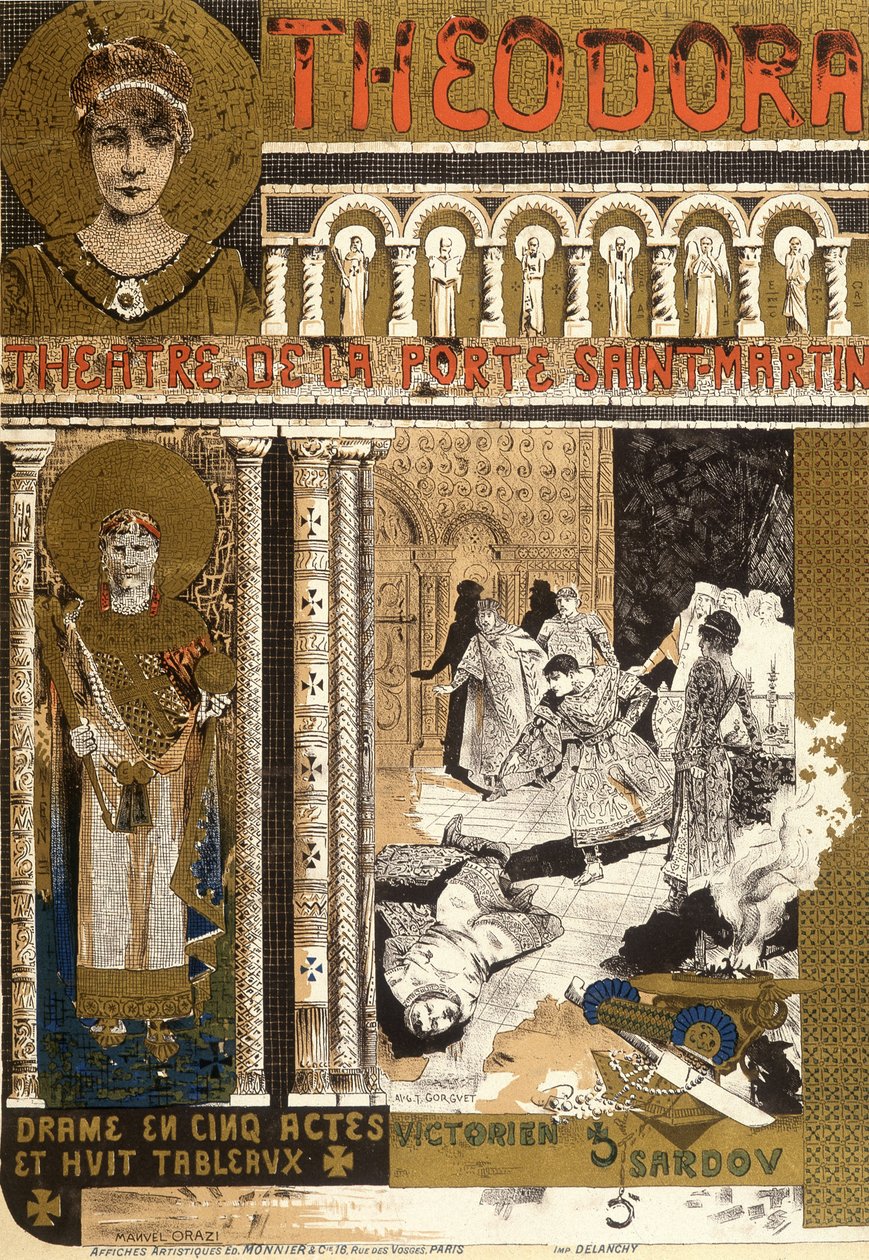 Theodora, Porte Saint Martin -teatterissa Pariisissa. Kuvitus Manuel Orazi tekijältä Manuel Orazi