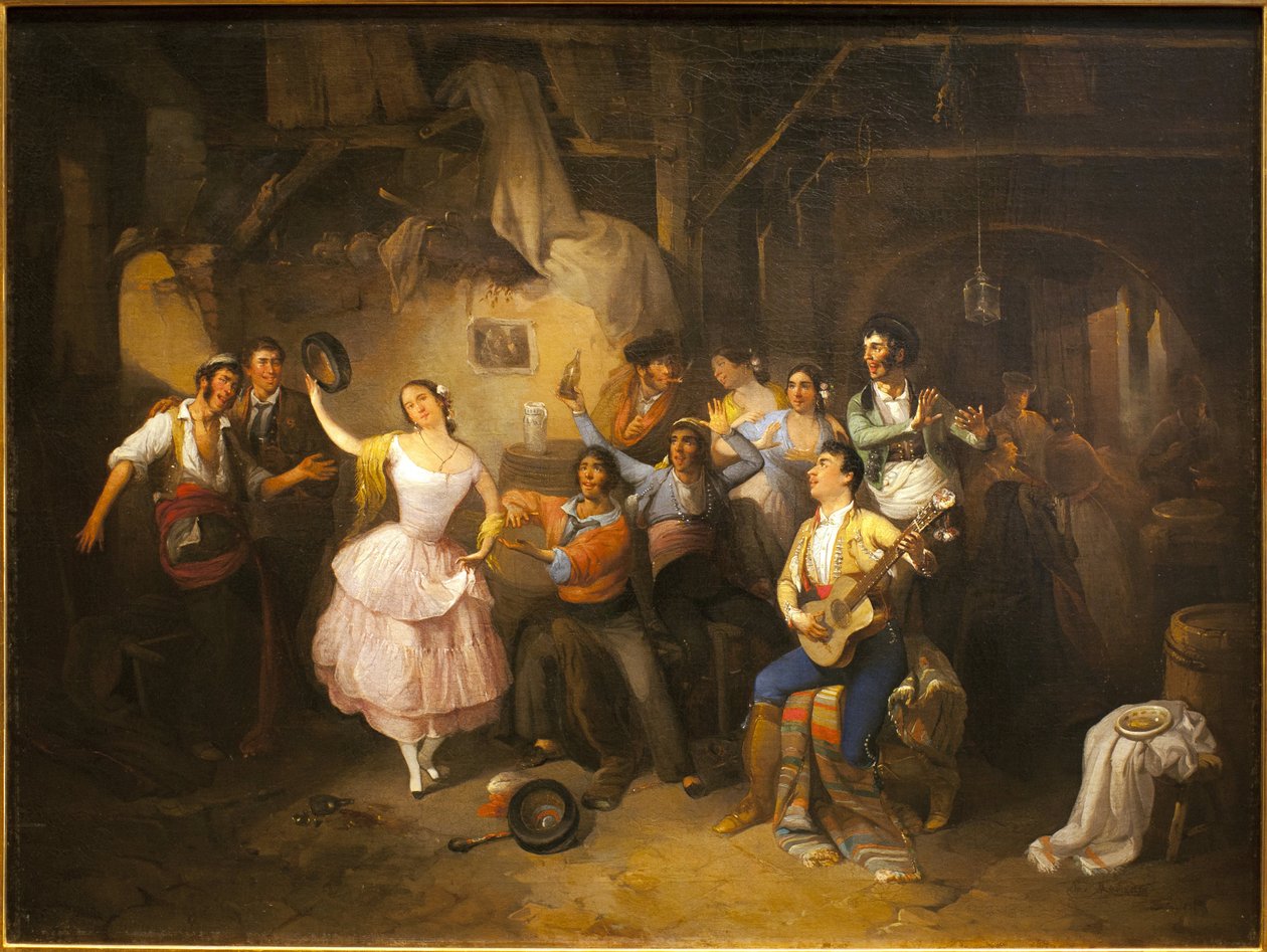 Tanssija tavernassa. Manuel Rodriguez de Guzmanin (1818-1867) maalaus öljy kankaalle tekijältä Manuel Roderiguez Guzman