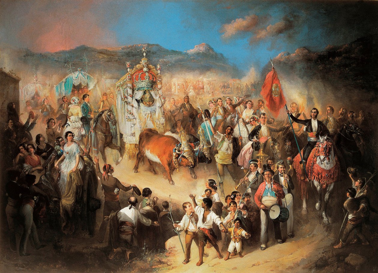 El Rocion kulkue: perinteinen andalusialainen juhla Neitsyen kunniaksi. Manuel Rodriguez de Guzmanin (1818-1867) maalaus. 1850-1900 Segovia. Riofrion palatsi. tekijältä Manuel Rodriguez de Guzman