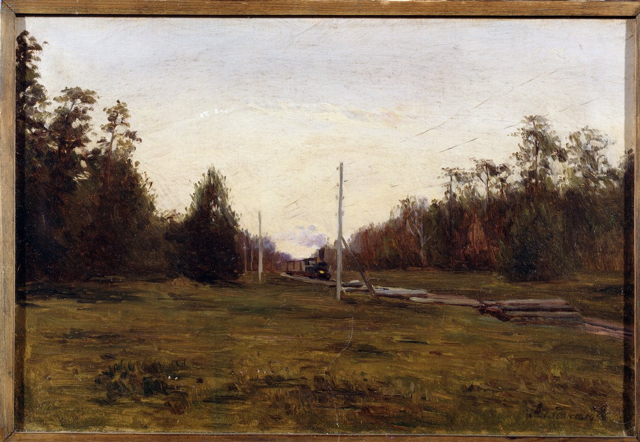 Maisema junan kanssa. Manuil Christoforovich Aladzhalov (1862-1934) maalaus. Öljy pahville, 29,5 x 43,5 cm. Venäjän taidetta 1900-luvun alussa. Alueellinen taidemuseo, Plyos. ©FineArtImage/Leemage tekijältä Manuil Christoforovich Aladzhalov